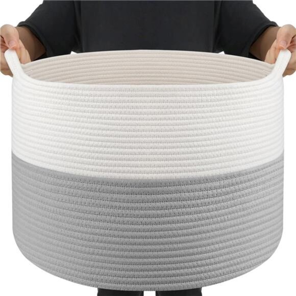 Blanket Basket Living Room - 22" x 22" x 14" Cotton Rope Baskets for Storage - Picture 1 of 7